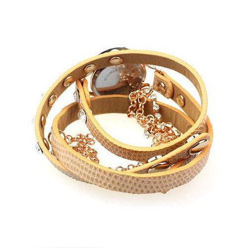 ABC® Leather Bracelet Rhinestone Rivet Chain Quartz Wrist Watch (Brown) -  - 3