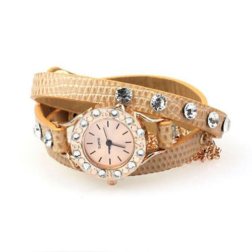 ABC® Leather Bracelet Rhinestone Rivet Chain Quartz Wrist Watch (Brown) -  - 2